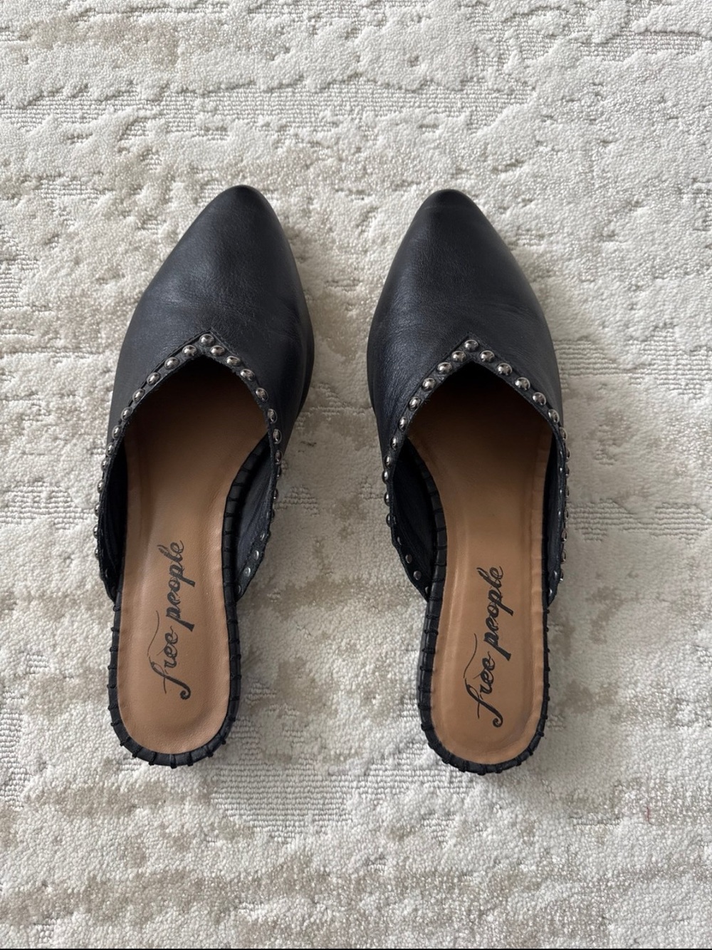 Free People Black Pointed Leather Mule w/Silver Stud Trim Size 9.5 or 40